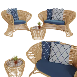 "A 3D model set featuring a Bamboo Sofa and accompanying table with plant. Perfect for outdoor scenes with detailed wood textures, soft filtered lighting, and throw pillows. Created using Blender 3D software and rendered with Indigo. "