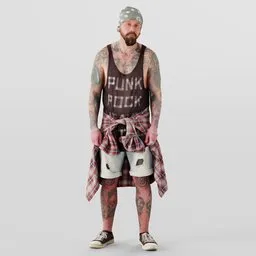 Detailed 3D character model with beard, tattoos, metal accessories, casual punk outfit for Blender rendering.