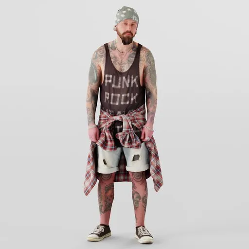 Detailed 3D character model with beard, tattoos, metal accessories, casual punk outfit for Blender rendering.