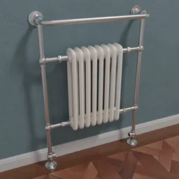 Detailed 3D model of Edwardian-style towel radiator, high-quality Blender render, chrome and white finish.