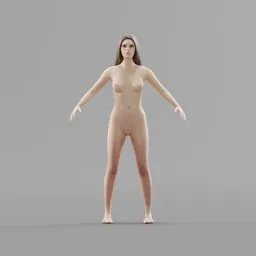 "Blender 3D model of a fully clothed woman standing with arms spread, featuring natural soft pale skin and an Android body. Rigged for animation, this Claudia character is perfect for adding a touch of liberation to your 3D projects."