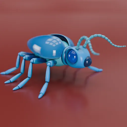 Detailed blue 3D alien insect model with big eyes and antennae, designed for Blender, suitable for creative sci-fi scenes.