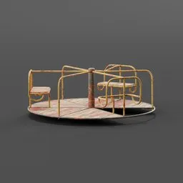Weathered 3D blender model of a carousel with missing planks and distorted metal bars.