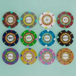 "Highly detailed MINT Clay Smith poker chip set in colorful flat design for Blender 3D. This set includes 3D models of poker chips with hunting trophy engravings, and a gold circle design (as a separate 3D model part) for a unique touch. Commercially ready for use in Fallout New Vegas or any other detailed scenery renderings."