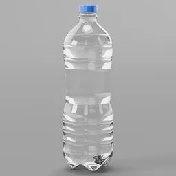 Detailed 3D rendering of a transparent plastic water bottle with blue cap, suitable for Blender 3D projects.