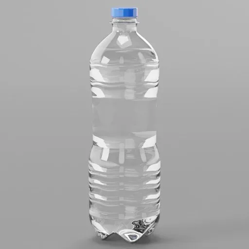 Detailed 3D rendering of a transparent plastic water bottle with blue cap, suitable for Blender 3D projects.