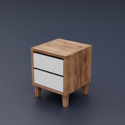 "High-quality 3D model of Bedside Tables for Blender 3D featuring a small wooden table with two drawers, a monochrome color scheme, rounded corners, and photorealistic details. Ideal for adding realistic furniture to your 3D scenes. Made in 2019 with light displacement techniques and square nose design."