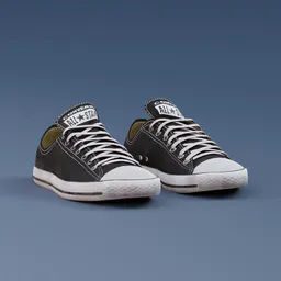 "Discover realistic Blender 3D model of classic style sneakers, inspired by Carlo Randanini. This 3D model showcases Converse All Star Ox sneakers in dark grey, rendered in KeyShot. Ideal for footwear enthusiasts and Blender 3D users seeking high-quality 3D models."