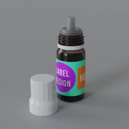 "Glass dropper bottle for medicine storage in Blender 3D - Dopper bottle with label design and liquid. High quality render, hard surface model featuring flexiseal and black oil. Ideal for pharmacy 3D models."