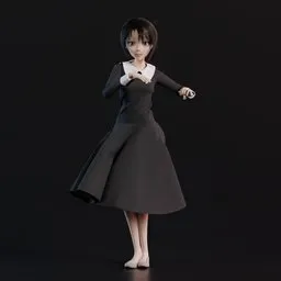 Animated 3D model of dancing stylized female with realistic fabric and hair simulation for Blender.