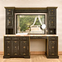 Detailed 3D model of a Victorian-style vanity with 4K textures, hand-painted embellishments, and Substance 3D Painter finish.