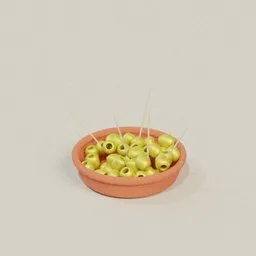 Highly detailed Blender 3D model featuring a bowl of green olives with picks.