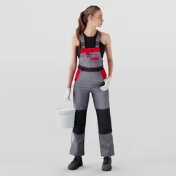 3D model of a young female painter with bucket, ponytail, and casual work attire posing.