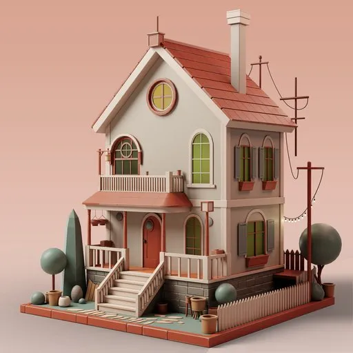 Cartoon-style 3D Blender model featuring a red-roofed house with chimney, green door, and detailed yard with fence.