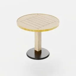 "Round table with wooden leg and brass detail for restaurant or bar, designed as a 3D model for Blender. High-quality pop japonisme artwork in black and yellow scheme with ultra-detailed elm tree surface. Top-down view of circular face, available for download on Gumroad."