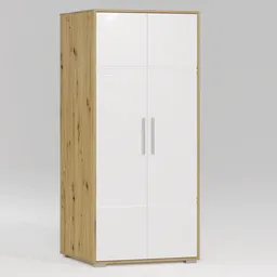 Detailed 3D model of a modern two-toned wardrobe with wooden frame and white doors for Blender rendering.