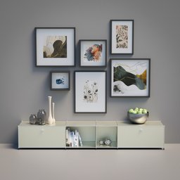 Detailed Blender 3D model featuring a stylish sideboard with assorted decorations and framed artwork.