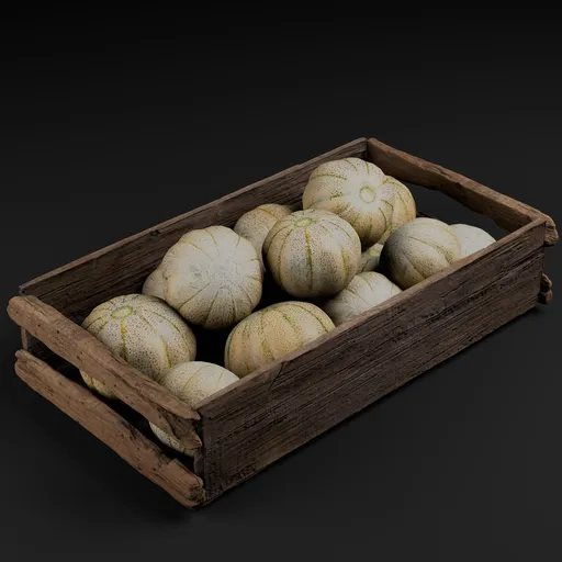 3D-rendered wooden crate with realistic pumpkin models for Blender, showcasing detailed textures suitable for market scenes.