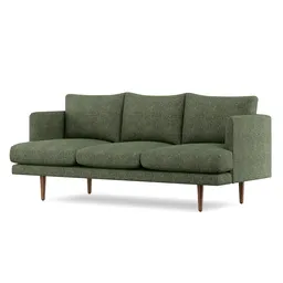 Mid-century modern 3-seater sofa 3D model with slender arms and tapered wooden legs in forest green fabric.