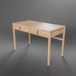 Rendered 3D wooden desk with leather handle details, compatible with Blender modeling software.
