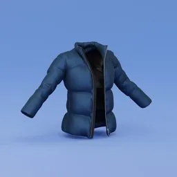 "Blue puffy jacket with hood, ideal for game design in Blender 3D. This transparent, fully posable, and detailed 3D model resembles a Moncler jacket. It pairs well with blue shirts and square backpacks, making it perfect for creating humans in various virtual environments."