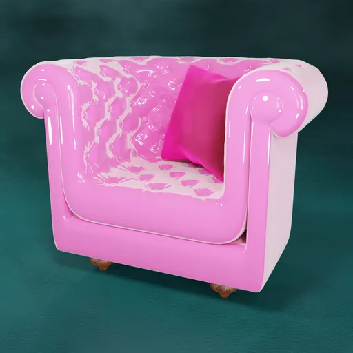 High-quality 3D render of a glossy pink Chesterfield armchair with pillow, customizable color design, optimized for Blender.