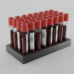 Realistic 3D render of multiple blood sample vials with EDTA in a lab rack, suitable for medical visualization in Blender.