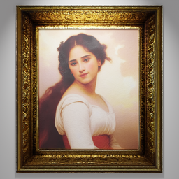 "Portrait of a young woman in a white dress, inspired by Bouguereau and rendered in NVIDIA's Omniverse using Blender 3D. The 3D model features a gold frame with baroque border, and was created with the assistance of AI. Reminiscent of Salma Hayek, this European woman's photograph is perfect for gallery displays and artistic projects."