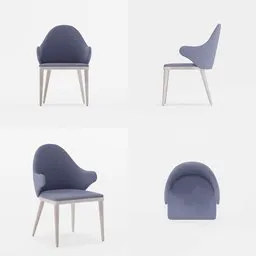 High-quality Blender 3D blue chair model with wood legs and fabric texture in multiple views inspired by RADO furniture.