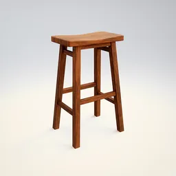 "Wooden restaurant bar stool with gently curved saddle seat for Blender 3D model. Inspired by Stanley Bahe and Luo Ping, with three-point lighting and rusted stand-up screenshot. Perfect for pub or game render."