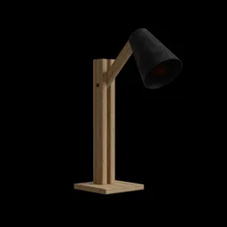 3D-rendered wooden desk lamp with adjustable arm and black shade, suitable for Blender interior modeling.