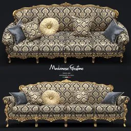 Intricate 3D classical sofa model with ornate carved detailing and luxurious patterned upholstery, compatible with Blender.