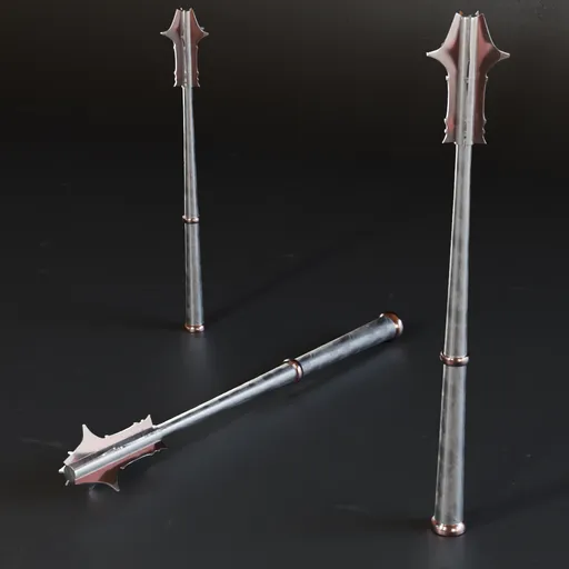 Detailed 3D model of a medieval mace, low poly, with high-quality metal textures, perfect for Blender war scene projects.