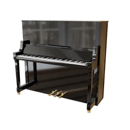 "Black and gold upright piano with detailed body shape and 88 keys, modeled in 3D with Blender software. Perfect for elegant furniture renderings, music-related projects, and vintage aesthetics."