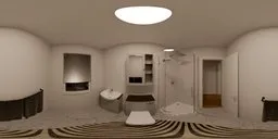 360-degree HDR lighting preview showcasing a sleek white bathroom with modern rug and ambient lighting.