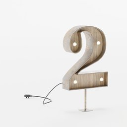 3D model of a vintage-style wooden numeral '2' marquee light with illuminated bulbs and cable, suitable for Blender rendering.