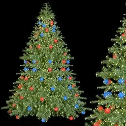 Realistic 3D model of a decorated Christmas pine tree with LED lights for Blender, ideal for festive scene renderings.