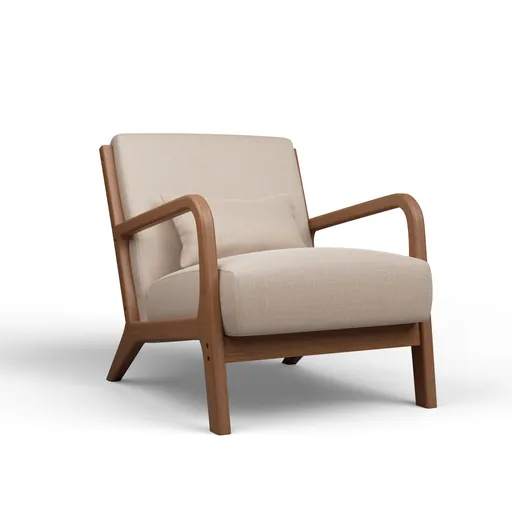 3D model of a mid-century vegan leather armchair with splayed wooden legs and foam cushions, perfect for Blender rendering.