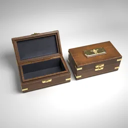 Detailed 3D rendering of an open and closed vintage wooden jewelry box with brass accents, ideal for Blender rendering.