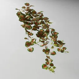 "Artificial tendril vine with red basil leaves for indoor nature scenes in Blender 3D. Fluid simulation render with falling red petals and overgrowth vines. Geometry nodes created using the Bagapia addon for versatile editing options."