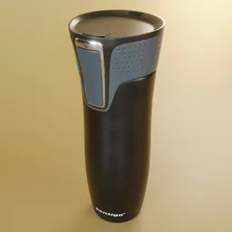 Realistic black thermal cup 3D model with detailed texture and sleek design, suitable for Blender rendering.