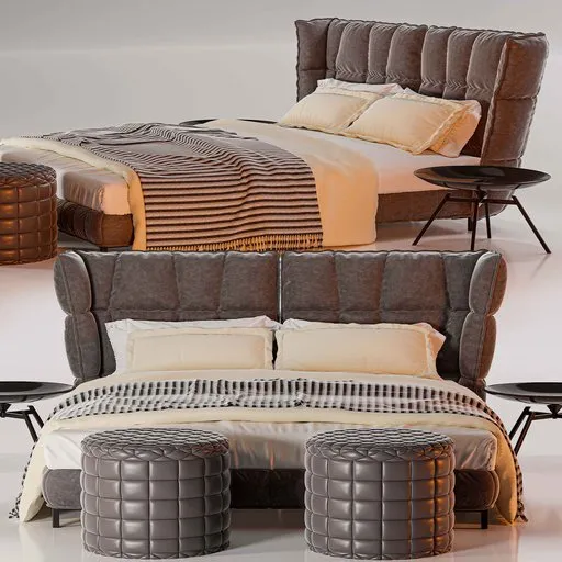 Detailed 3D model of a luxury bed with textured pillows and duvet, showcasing modern design suitable for Blender rendering.