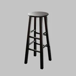 "3D model of a bar stool for Blender 3D. Features include a white top and black legs, simple design with solid wood squared legs and four crossbars, creating a smooth and round seat. Perfect for creating realistic restaurant scenes and stand-up comedy club environments."
