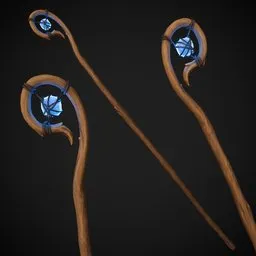 Detailed 3D model of a fantasy staff with intricate design and blue gemstone, optimized for Blender.