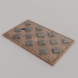 "Manhole Cover 06 - Small Water Mains 3D model for Blender 3D - Featuring a metal grate with squares on a table, this 3D clay render portrays a game board inspired by the medieval era. The automated defence platform adds a touch of technological sophistication, while the rough concrete walls create a captivating contrast. Ideal for projects set in cityscapes or urban environments. Available on BlenderKit."