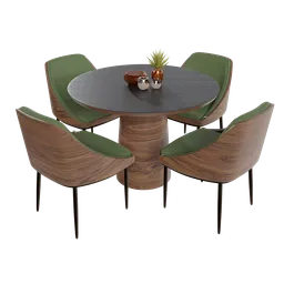 "Detailed Blender 3D model featuring a round table with modern wooden chairs and tabletop accessories."