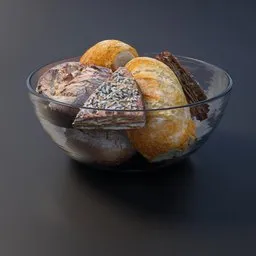 Realistic Blender 3D model of a glass bowl with assorted baked bread, ideal for kitchen visuals.