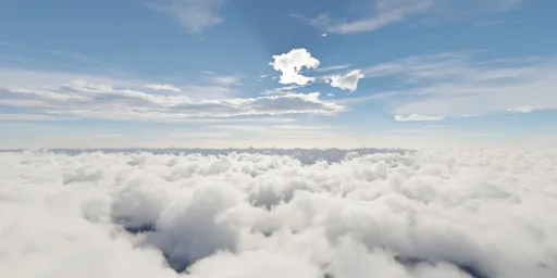 360 aerial HDR panorama of fluffy clouds with sunlit blue skies for realistic lighting in 3D scenes.