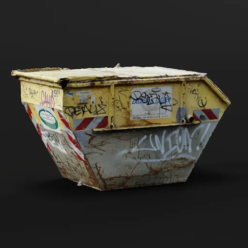 Highly-detailed Blender 3D photoscanned model of a graffiti-covered urban metallic waste container.