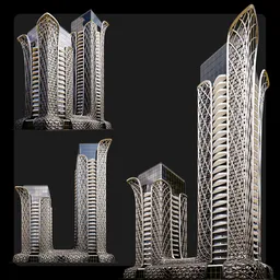 Detailed Blender 3D model of modern skyscrapers with lattice design, shown from various angles.